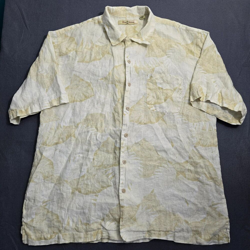 Tommy Bahama Shirt Men L Yellow Floral 100% Linen Short Sleeve Button Up